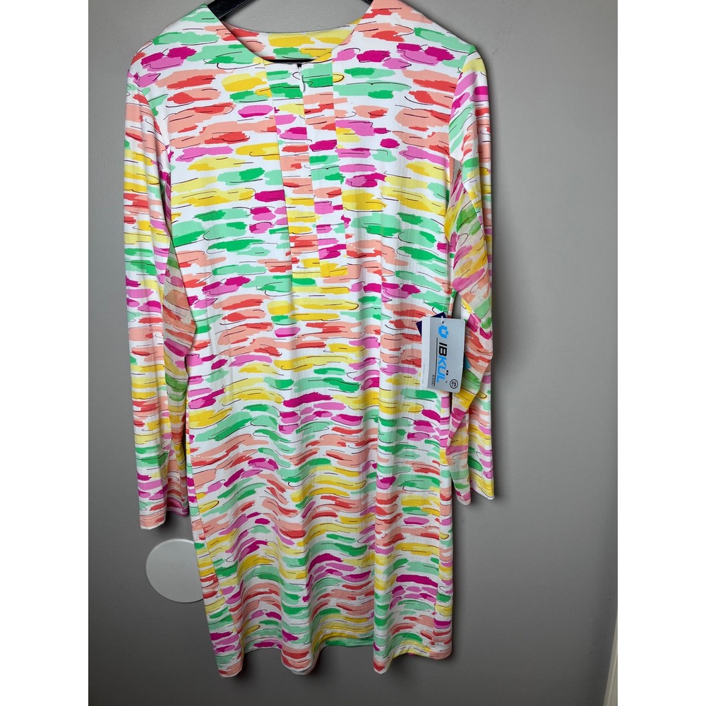 IBKUL Deidra Multi Color IceFil Long Sleeve Crew Dress UPF 50+ Size L 52849 NWT